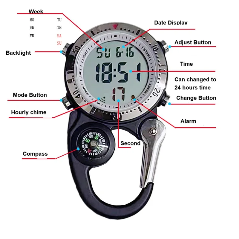 High Quality Digital Mountaineering Watch Outdoor Sports Electronic Carabiner Watch Multifunctional Backpack Waist Hanging Clock