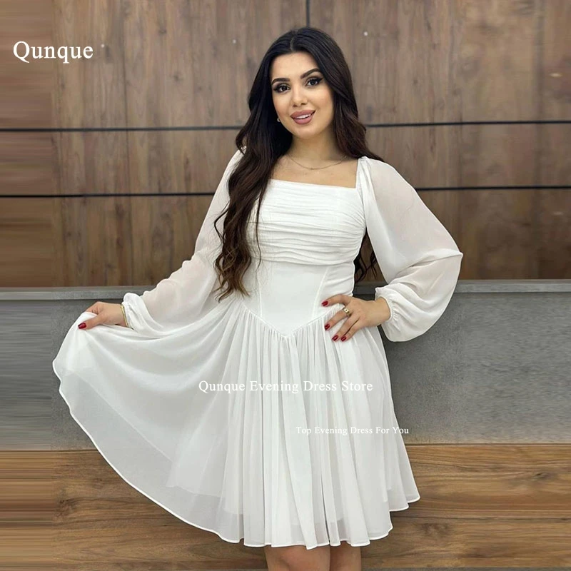 

Qunque Mini Chiffon Prom Dresses Puff Sleeves Arabia Women Evening Party Gowns Customized Vintage Pleat Short Robes De Soirée