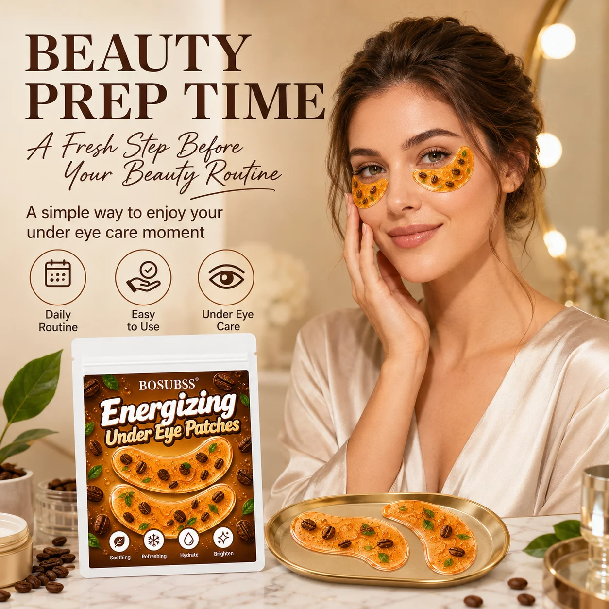 10PCS/5Pairs Coffee Bean Under Eye Beauty Patches, Soft Gel-Feel Printed Eye Patches with Curved Easy-Peel Design for Daily Self