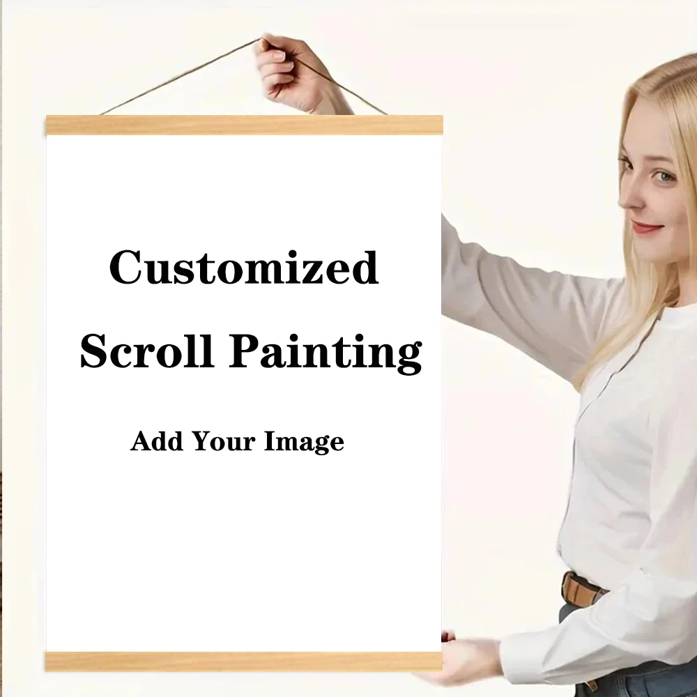 Custom Hanging Painting Prints Your Favorite Photo,Family Lover Pets Picture Canvas Poster Wall Art With Solid Wood Scrolls Art