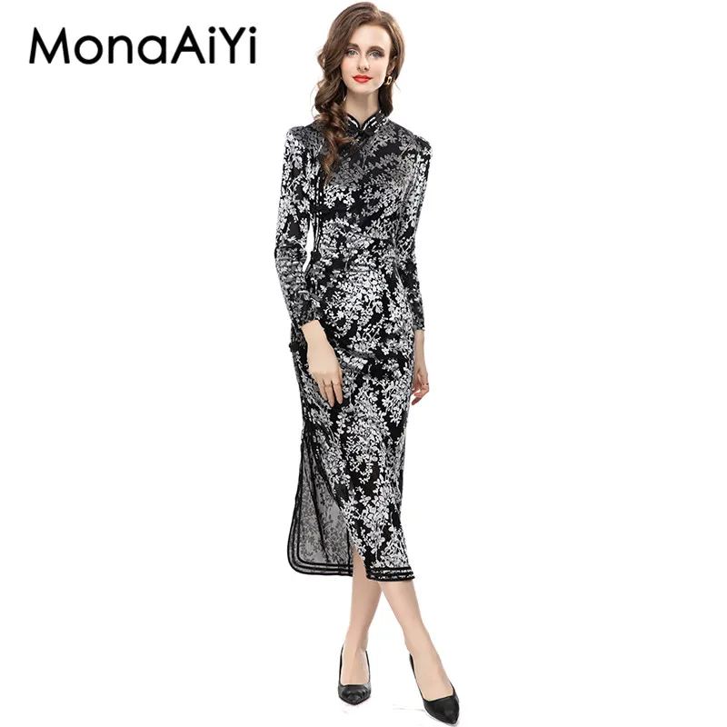 MonaAiYi Autumn Polyester Temperament Elegant Print Slim Long Sleeve High Waist Slit Black And Purple Chinese Cheongsam Dress