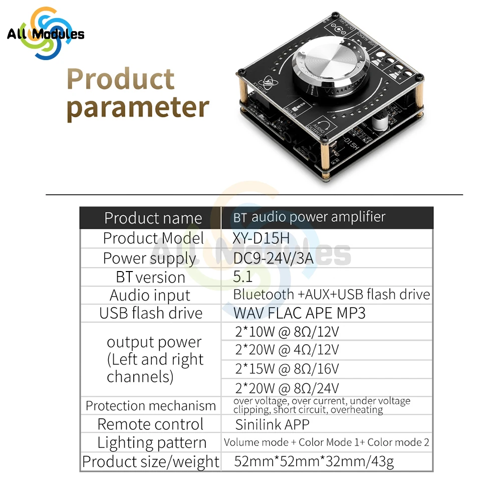 XY-D15H DC8-24V Stereo BT Audio Amplifier Board Module Digital Amplifier With Spectral Volume 2X10W/15W/20W