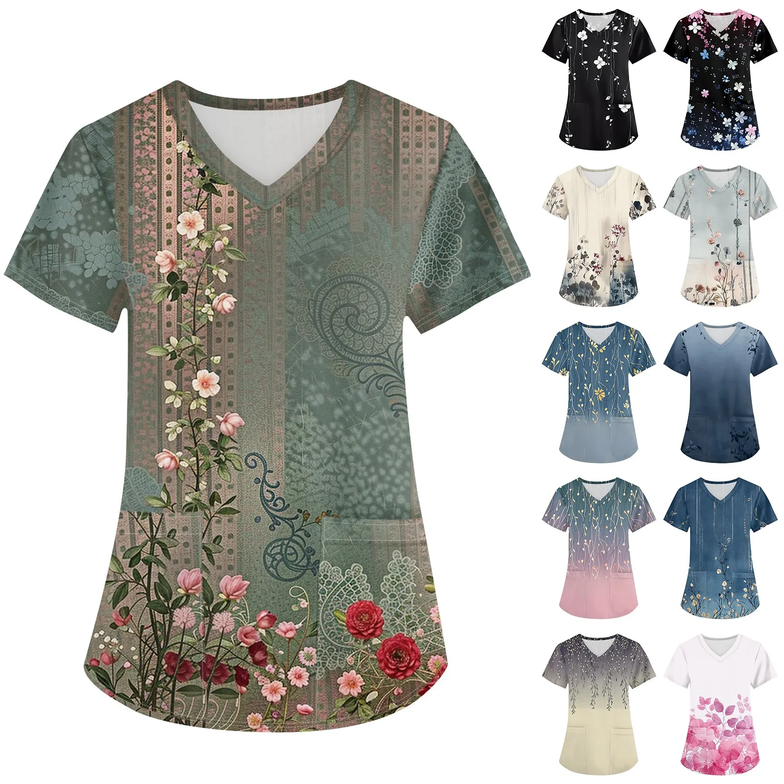 Vrouwen Verpleegstersuniform 3D Onafhankelijkheidsdag V-hals Zak Medische Uniformen Mode Verpleging Uniforme Dames Werkkleding Valdtua Natura