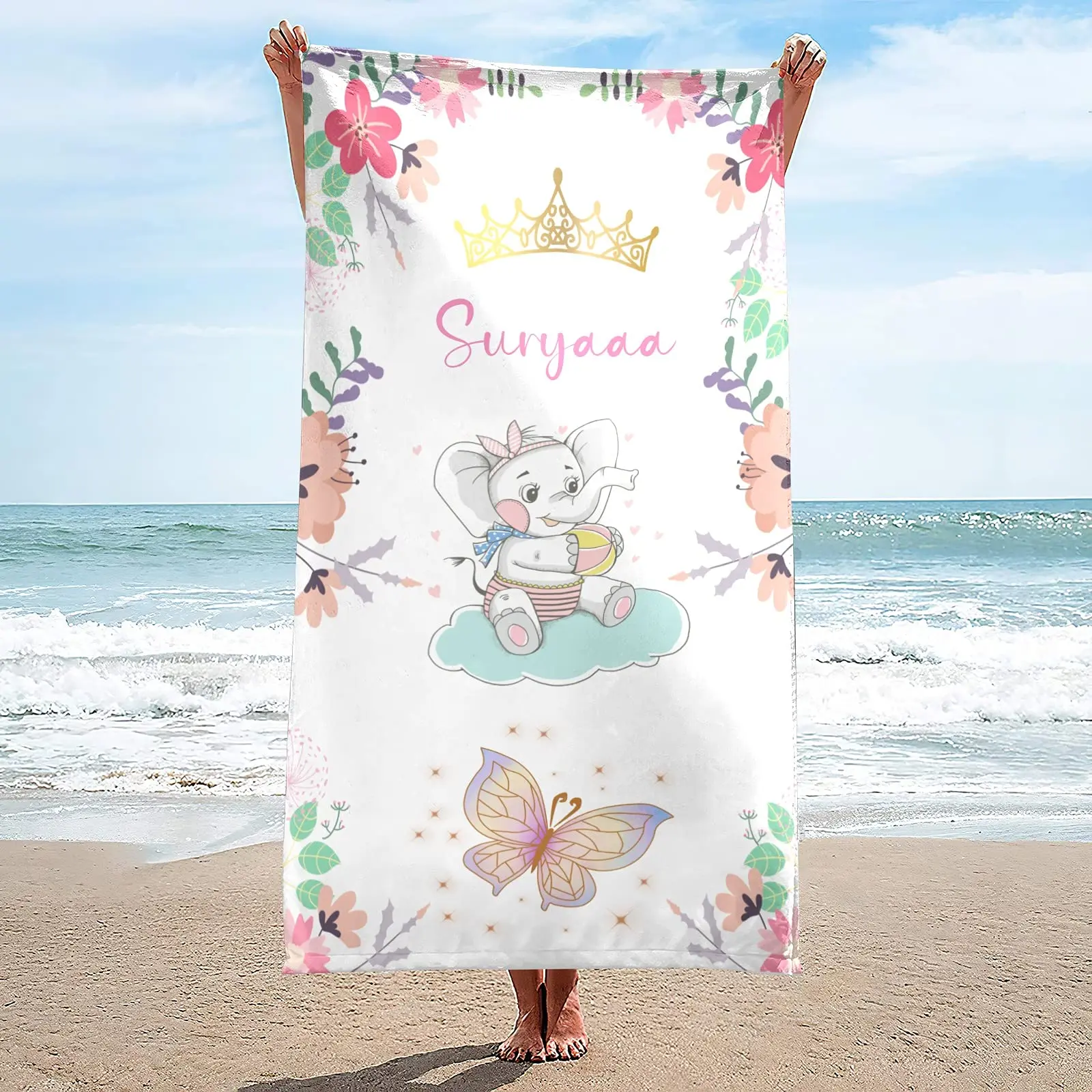Custom Name Beach Towel for Kids Girls Boy Teen Personalized Cute Cartoon Elephant Bath Towel for Travel Beach Pool Gym Yoga Mat