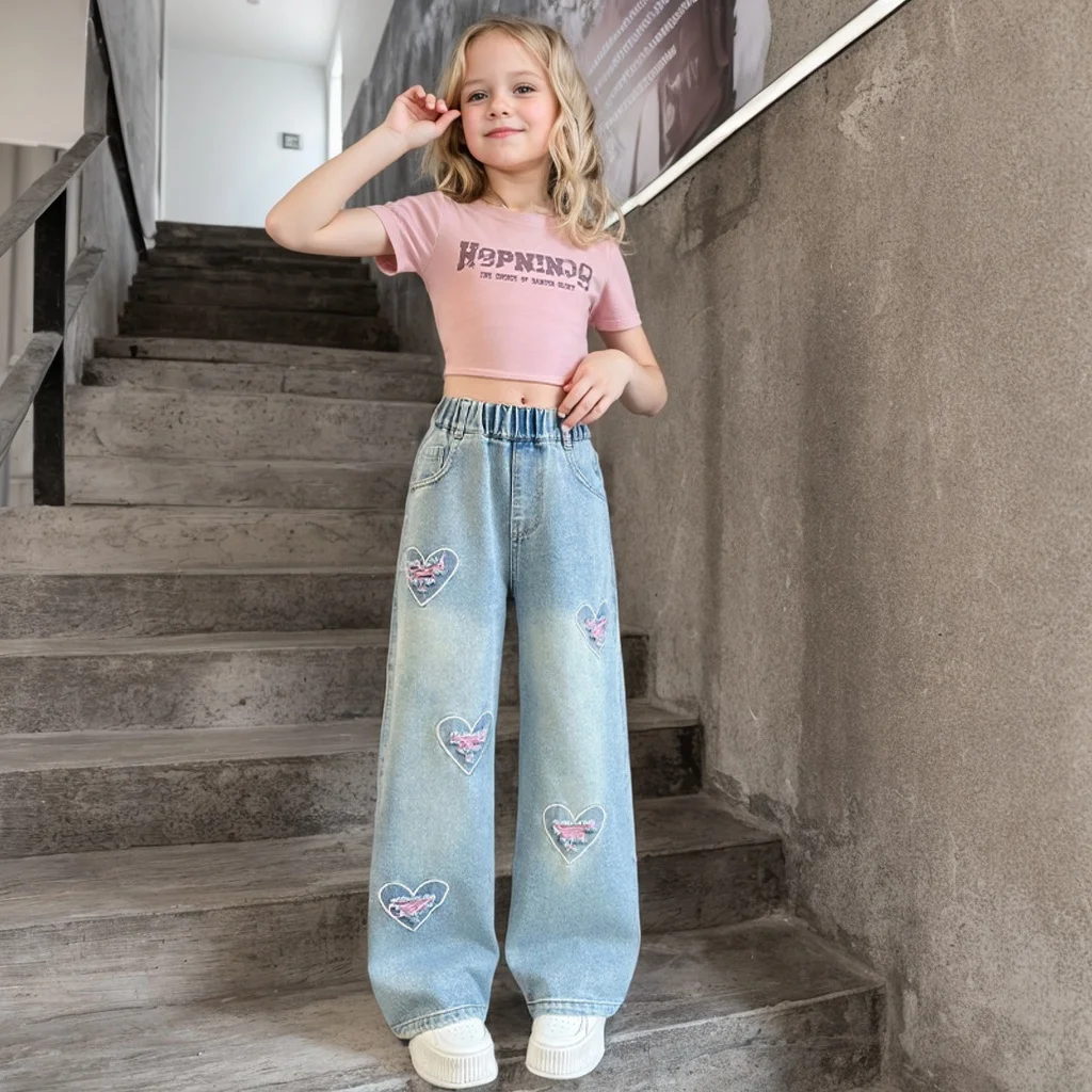 Girls pink love cut hole ripped jeans fashionable and versatile  wide-leg straight-leg pants 5-15 years old