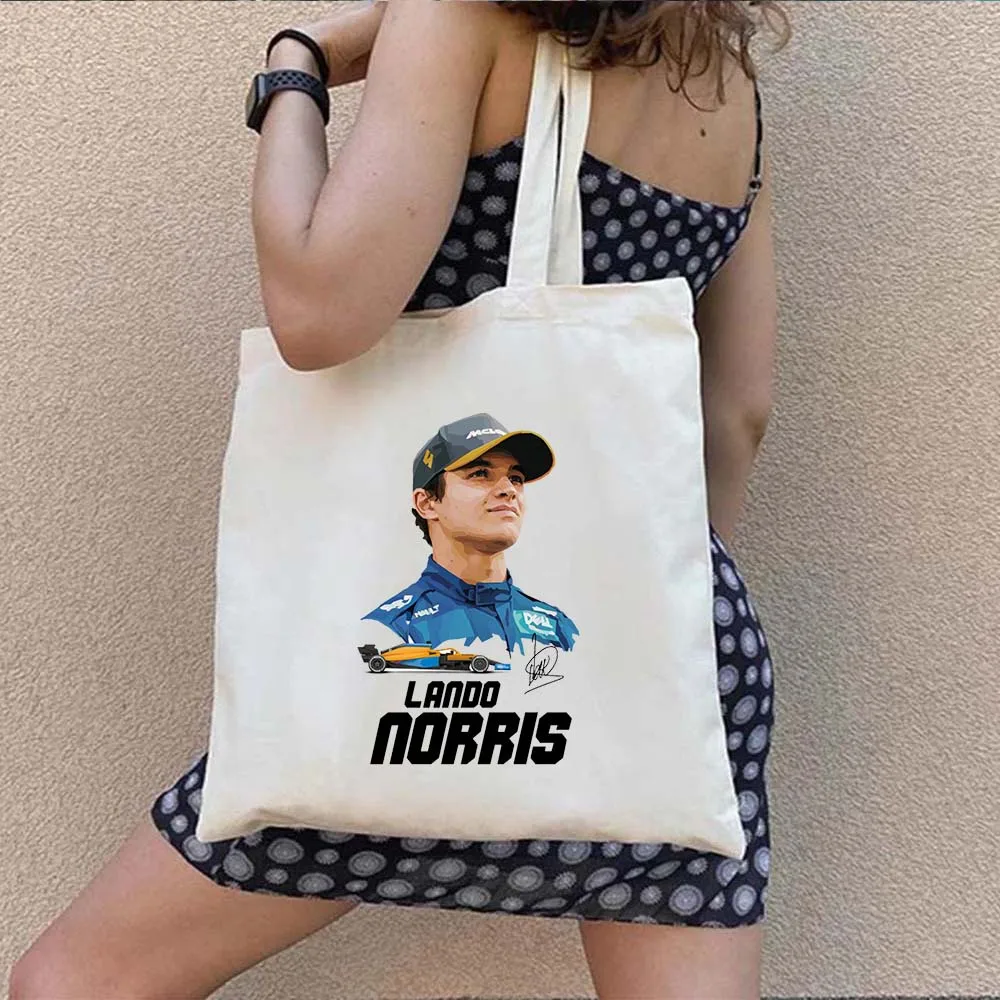 F1 Racer Lando Norris Formula 1 Racing Car Daniel Ricciardo Race Game Helmet Shoulder Canvas Totes Bag Shopper Shopping Handbags