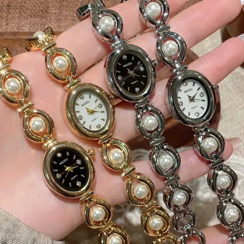 

Роскошные женские часы высокого уровня, изысканные золотые, серебряные маленькие овальные циферблаты, жемчужный браслет, кварцевые наручные часы для женщин