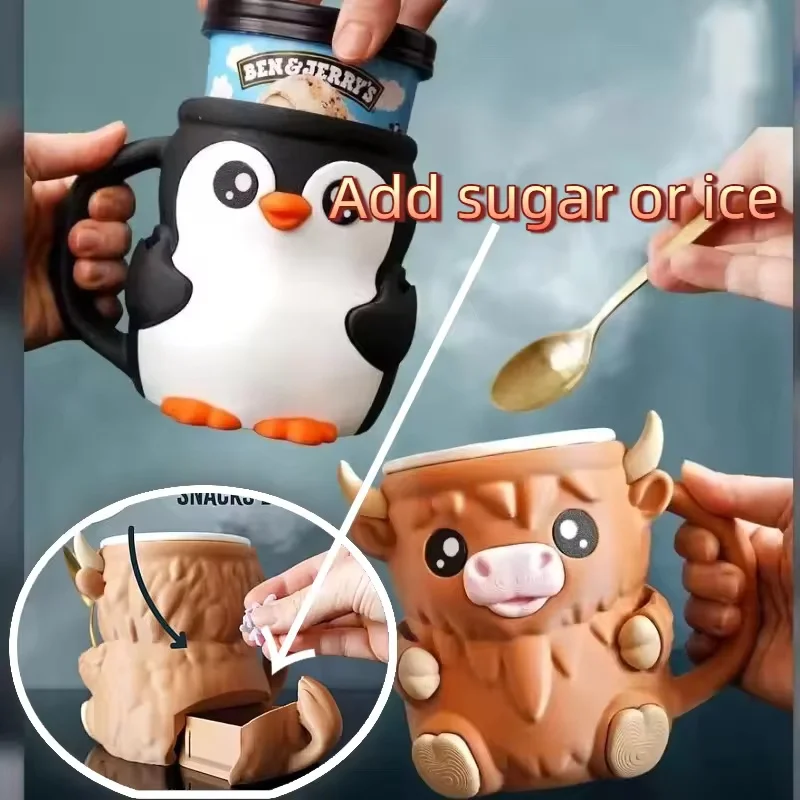 Cute 3D Printed Penguin Cow Ice Cream Pint Holder Reusable Antifreeze Cup Sleeve With Spoon Slot For Party Picnic Gift
