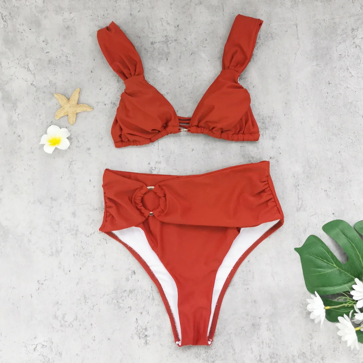 Retro Red Belt 2 Piece Swimsuit with Pleated Bra High-waisted Bikini Summer Beachwear Vacation Beach-wear for Women