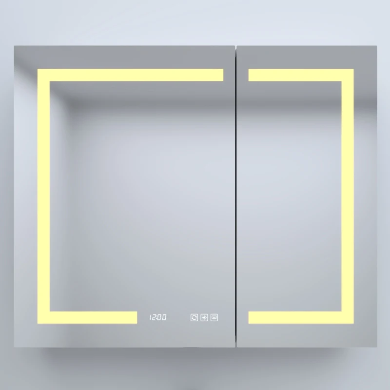 36 pulgadas. L x 30 pulgadas. Botiquín empotrable/montaje en superficie de aluminio plateado rectangular H con LED de espejo y reloj