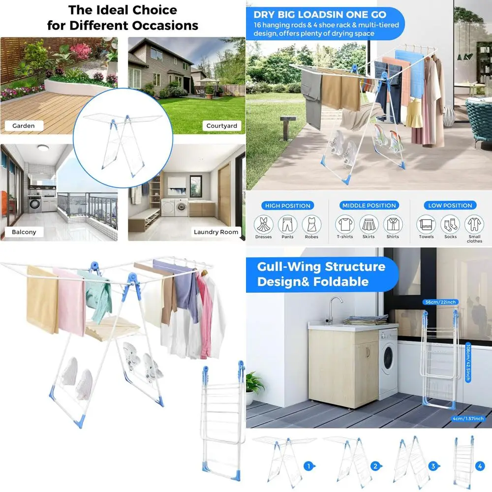

Adjustable Height Folding Clothes Drying Rack with Shoe Rack for Indoor & Outdoor Use