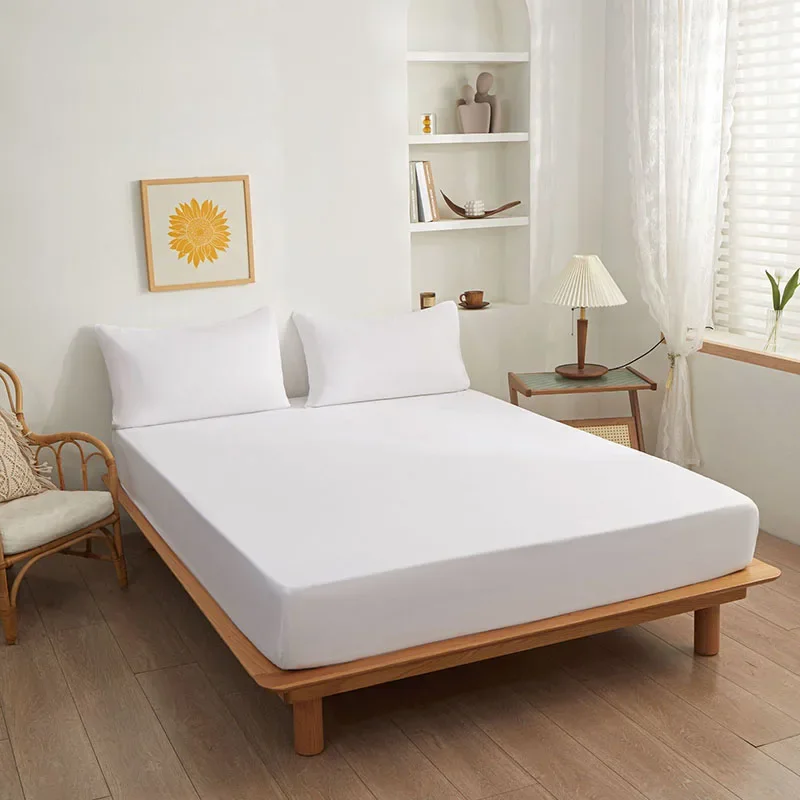 100% Cotton Solid Color Fitted Sheet Pure Cotton Skin Friendly Mattress Cover with Elastic Band 1 Pcs Queen King Bed Decoration