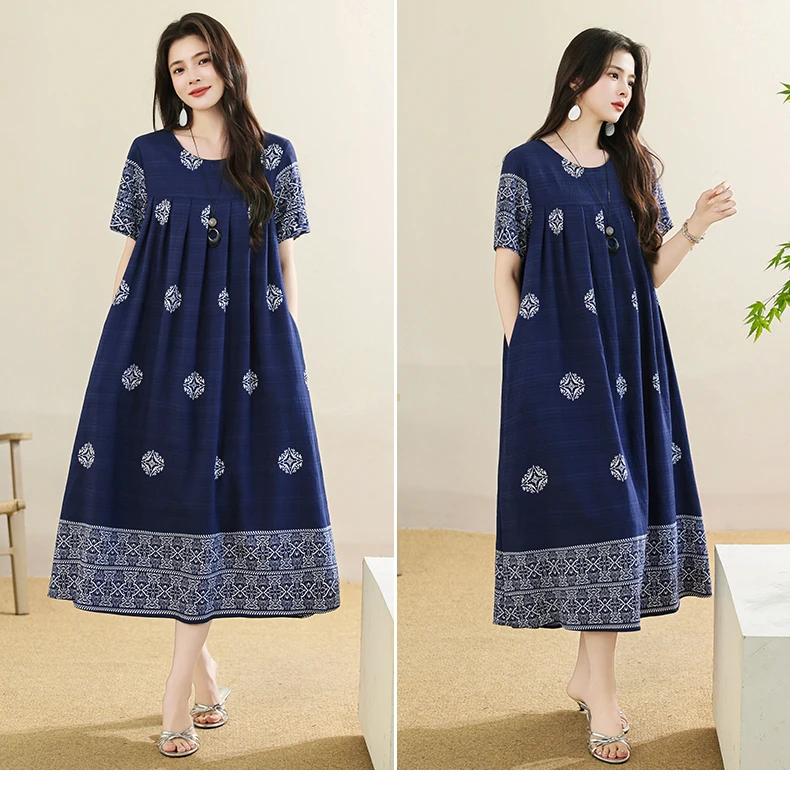 New 2025 Summer Dress For Women Plus Size Dress Casual Short Sleeve Boho Vintage Print Long Maxi Dress Beach Women Clothing
