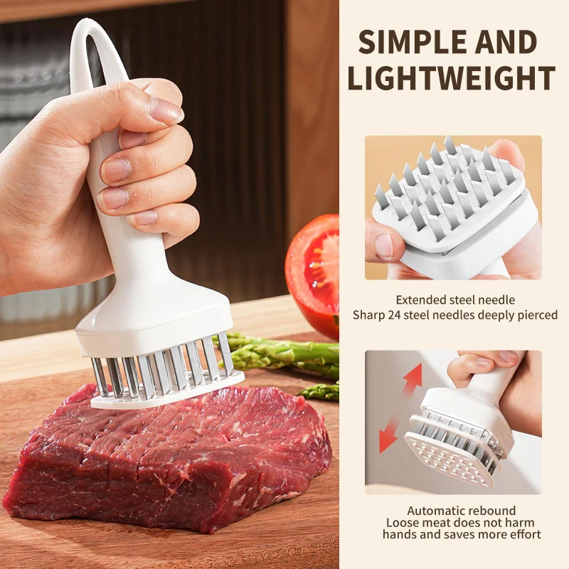 2025 Meat Tenderizer Stainless Steel Meat Looser 24 Needle Automatic Spring Meat Hammer Rib Breaking Perforator Kitchen Gadgets