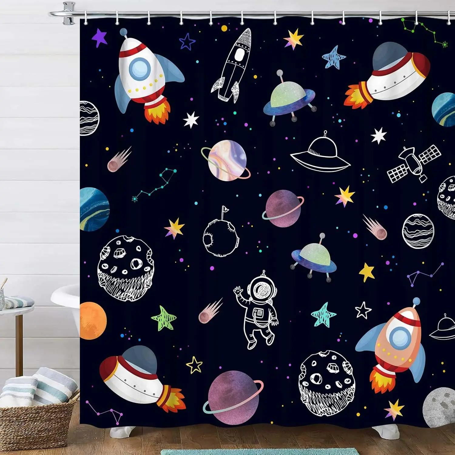 Outer Space Shower Curtain for Kids, Funny Cartoon Rocket Planet Sun Starry Sky Astronaut Shower Curtains, Galaxy Universe