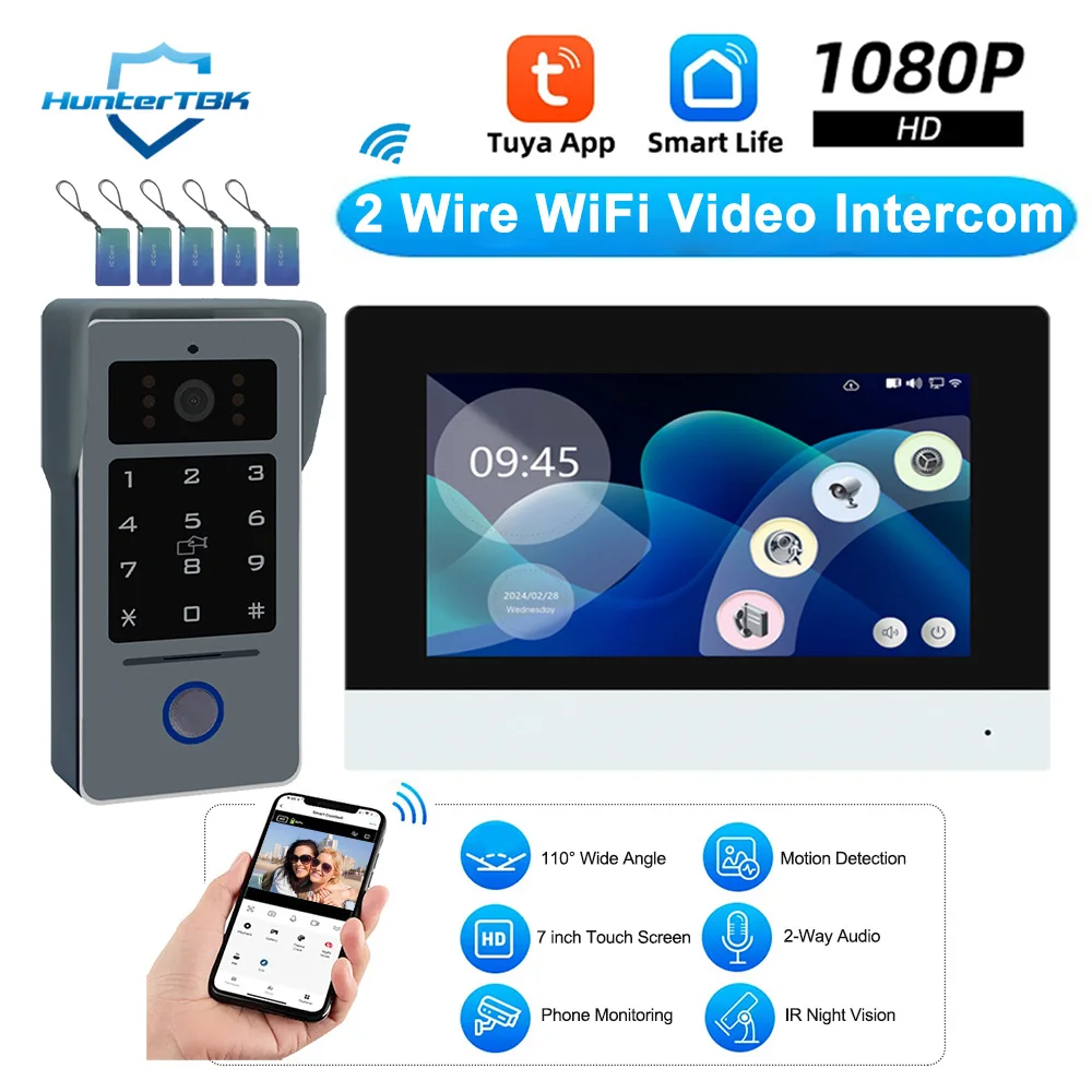 2 Wire Smart Life Tuya WiFi 1080P Video Intercom Video Door Phone 7″ Color Touch Screen Camera Doorbell Door Security System