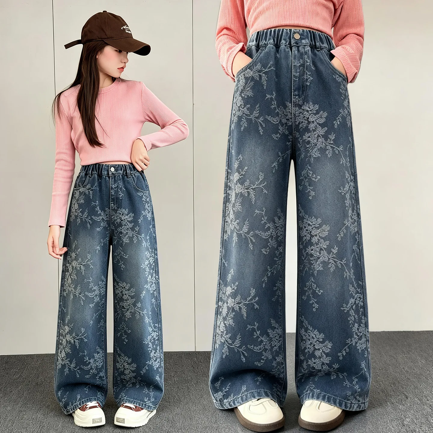 Autumn Kids Wide-leg Jeans With Jacquard Design for Girl Washed Fashion Denim Pants Children Streetwear Straight Cut Trousers