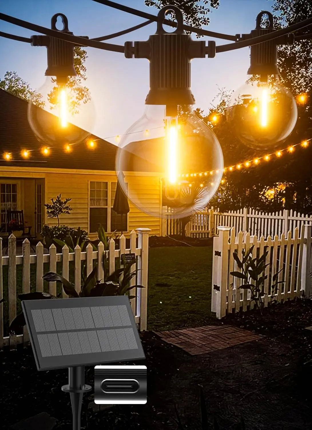 

50FT Solar String Lights with USB Port, 27 G40 Shatterproof Bulbs + 2 Spare, 2200K Warm LED for Patio, Garden, Bistro