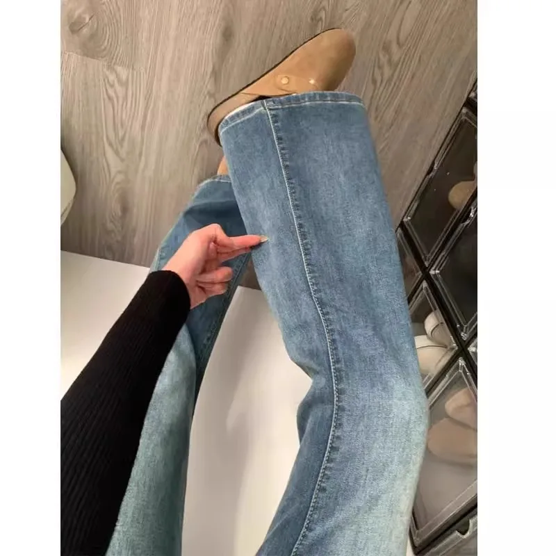 

Spring 2025 Women's Thickened Fleece Lined Bell Bottom Jeans High Waist Concealing Flattering Long Cotton Stretch Denim Blue