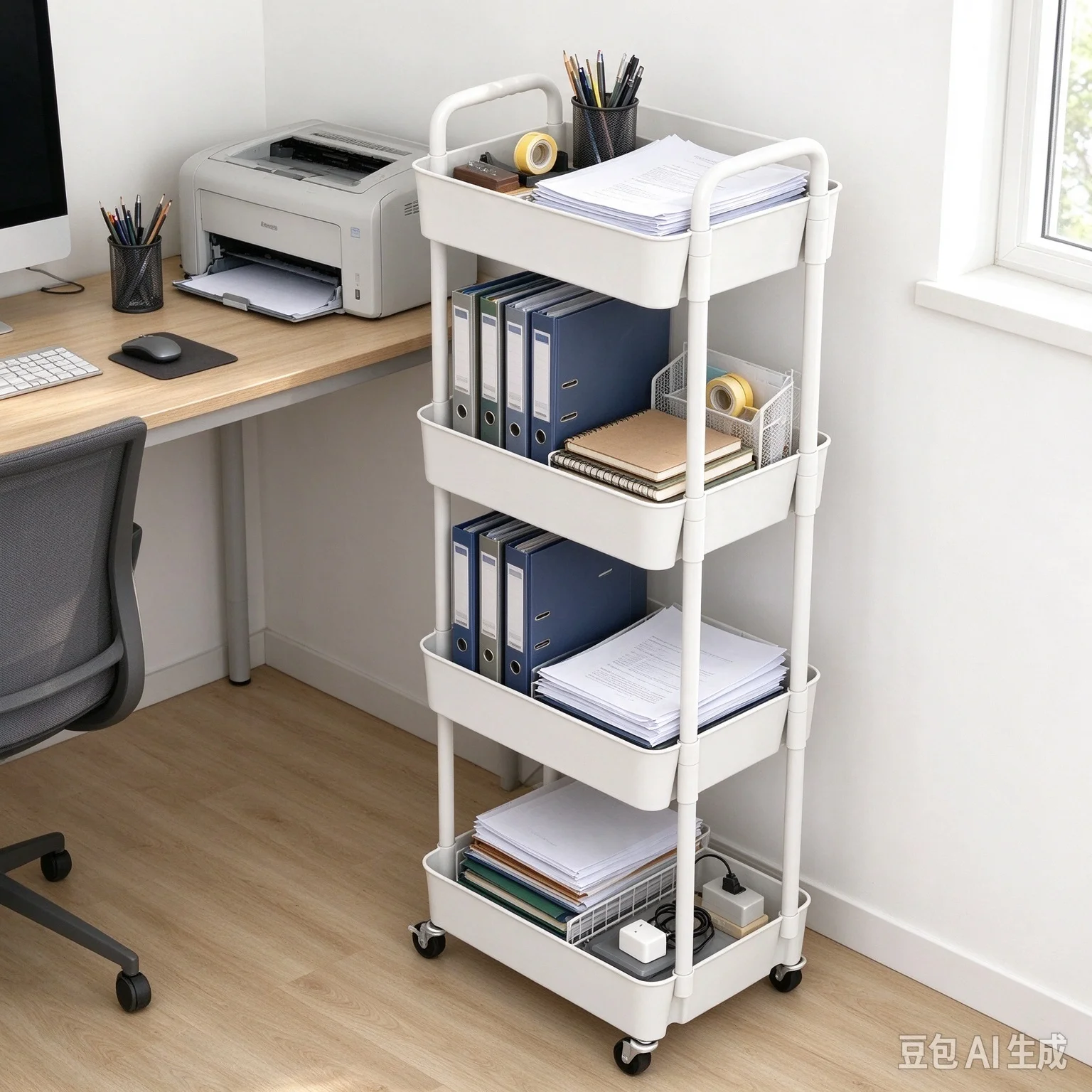 1-Piece 4-Layer Plastic Roller Storage Cart Multi-Functional Space-Saving Shelf with Handle Matte Finish for Home Organization