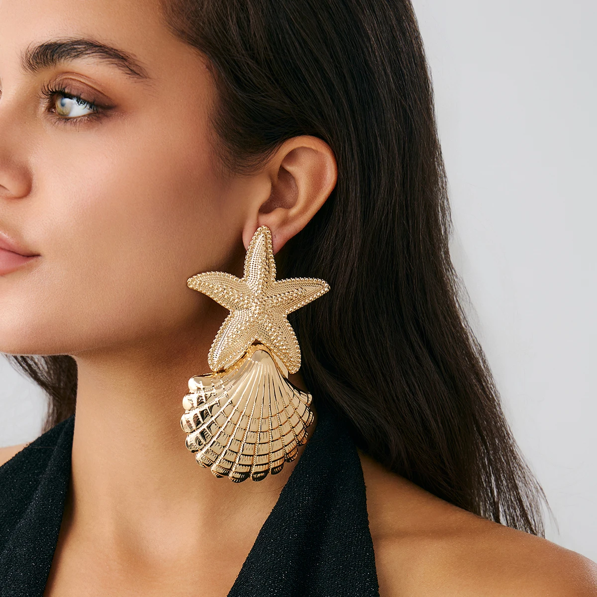 SHIXIN Exaggerated Large Starfish Scallop Pendant Earrings for Women Personalized Geometric Drop Earrings Party Banquet Jewelry