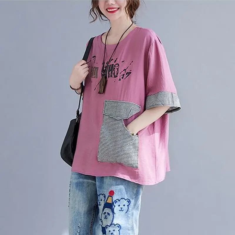 Cotton Linen Short-sleeved T Shirt Women Summer Korean Plaid Stitching Design Sense T-shirt Fashion Casual Loose Big Pocket Tops