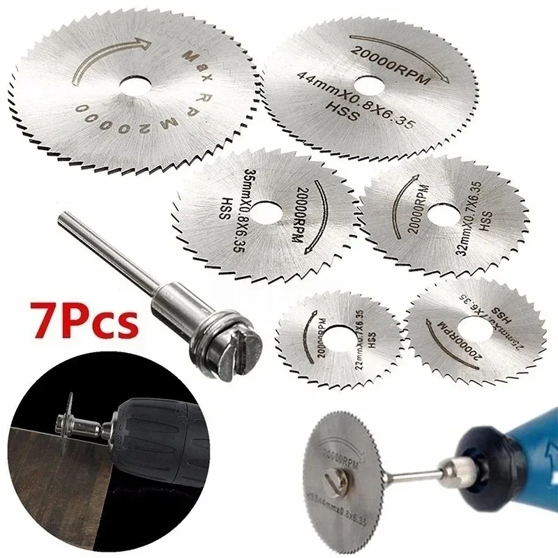 7pc Metal Circular Saw Disc Wheel Blades Shank High Speed Steel Mini Saw Blades with Mandrels Drill Warehouse Rotary Wood Cutout