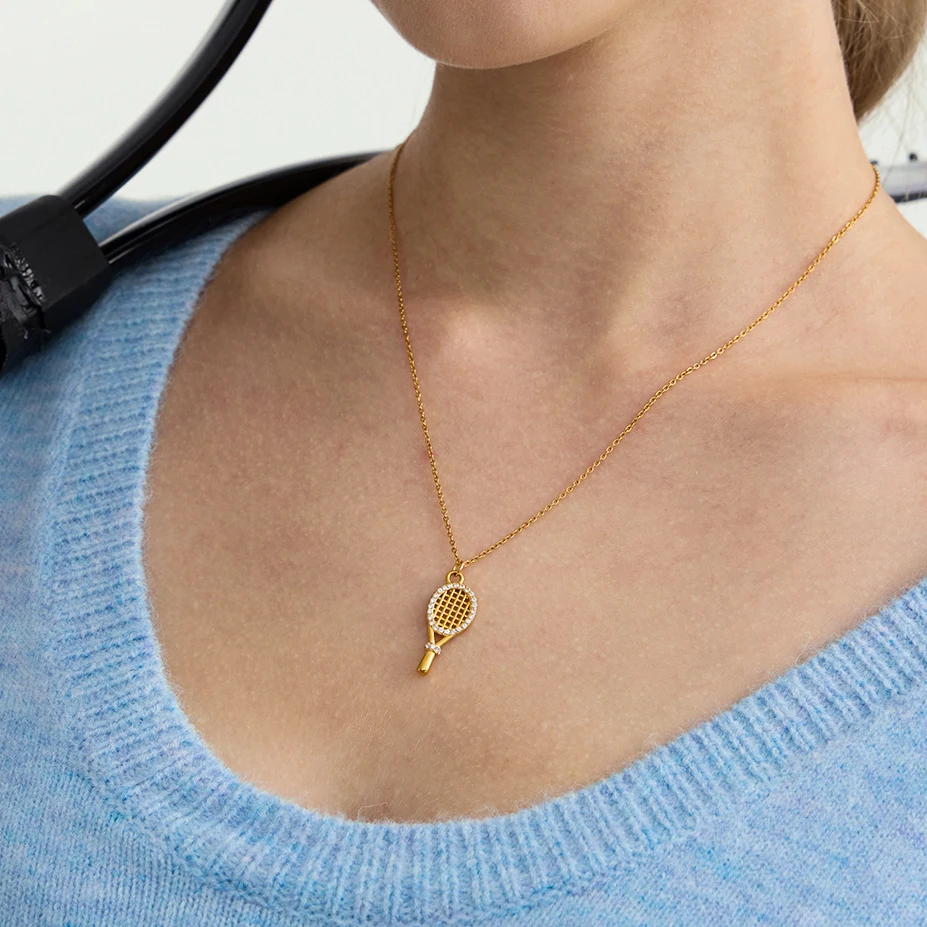 Uworld Sports Leisure White Zircon Tennis Racket Pendant Necklace Stainless Steel Gold Color Necklace Women's Jewelry