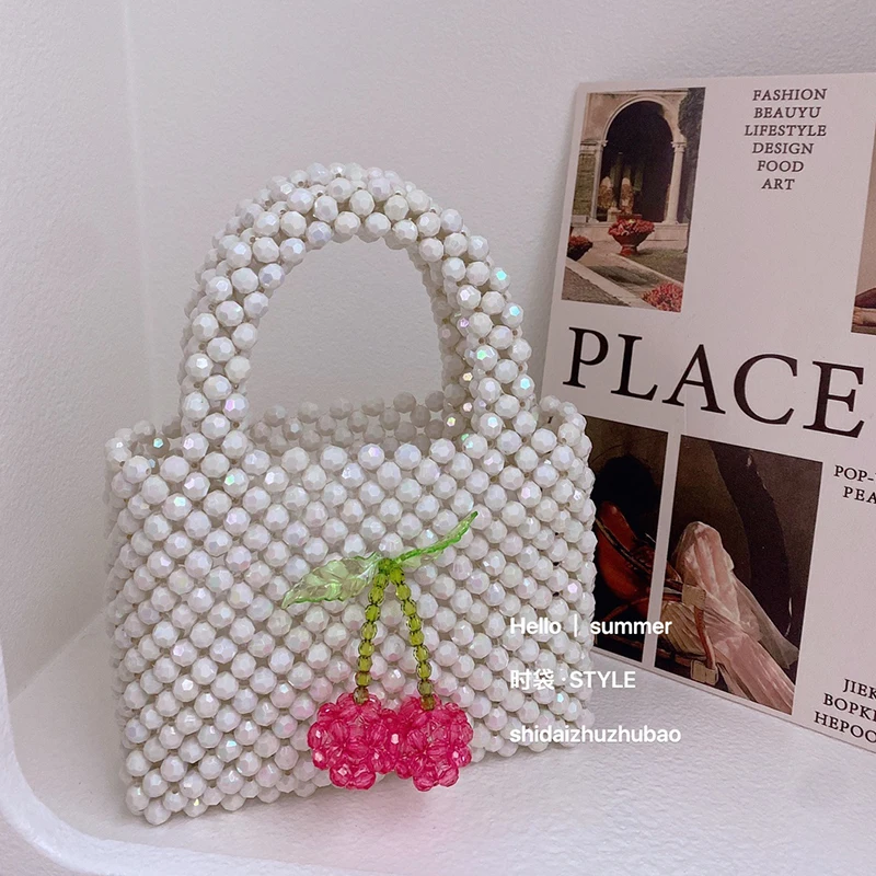 New Woven Acrylic Bead Ins Cherry Bag Handmade DIY Summer Cute Girl Fairy Daily Street Handbag 24 Custom Color Women\'s Bags