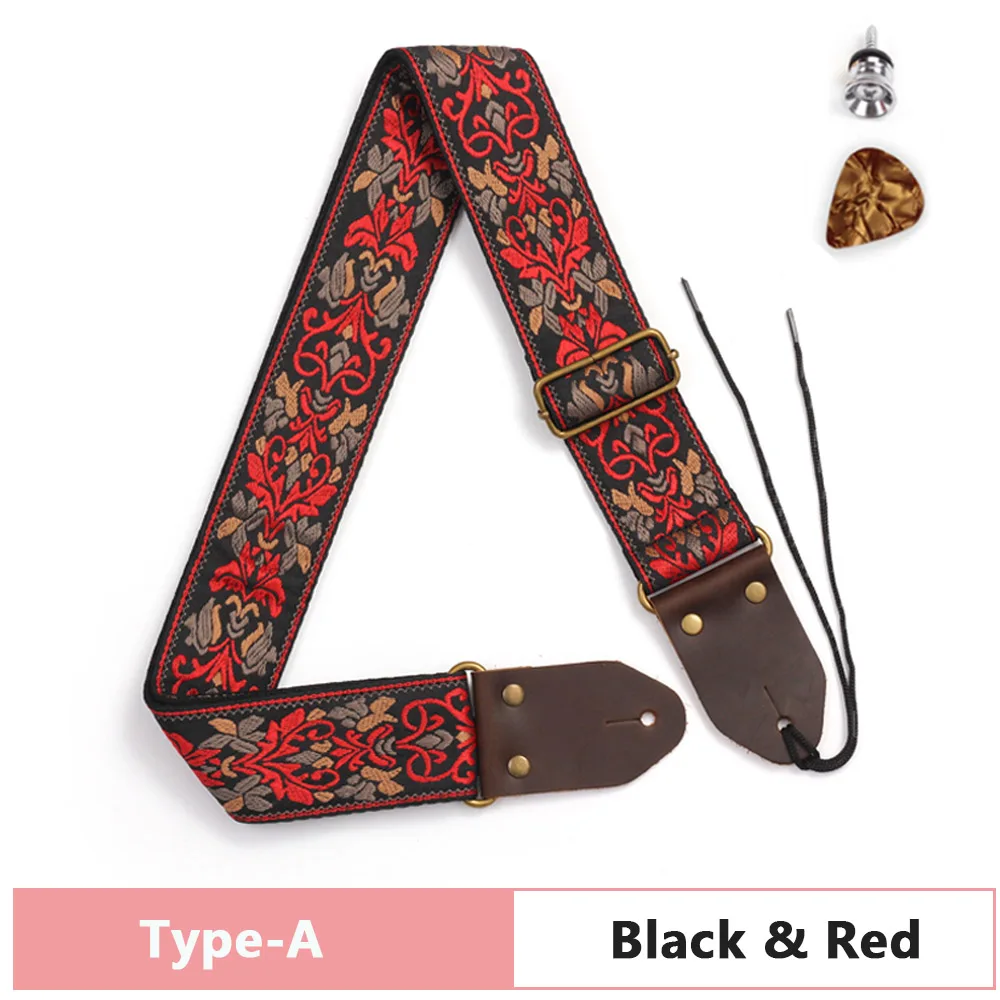 Vintage Flowers Genuine Leather Head Stripes Bohemia Style Guitar Strap for Guitar / Bass, Woven Embroidery Fabrics Strap