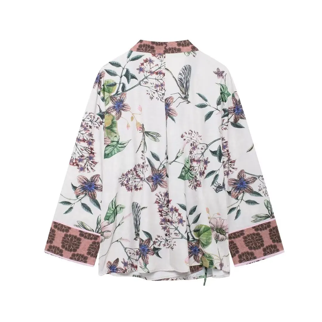 TRAF Floral Wrap Blouses Women Kimono Koszule z długim rękawem i bluzki dla kobiet Letnia bluzka damska Vintage Bluzki plażowe