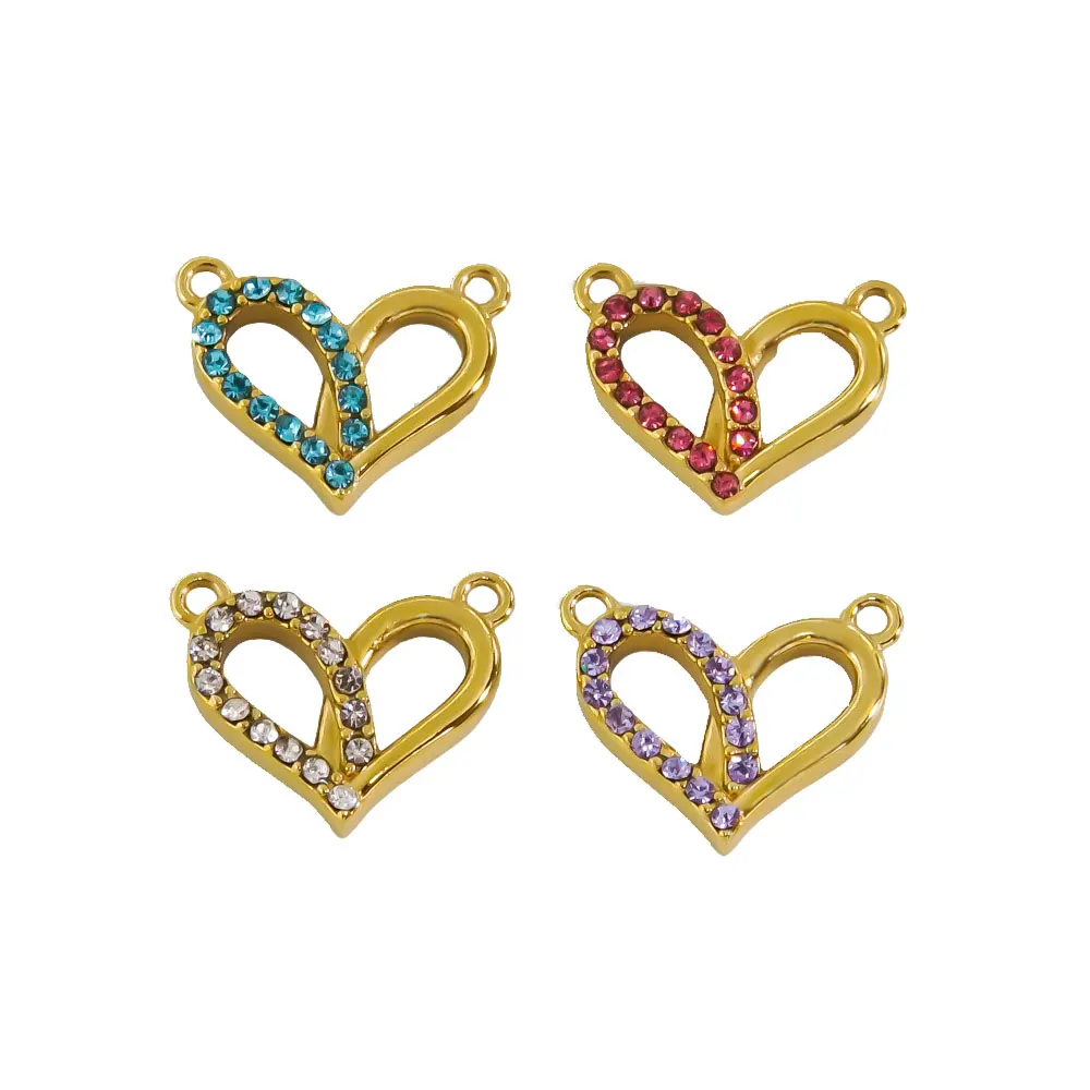 5Pcs Stainless Steel Colorful Sweet Heart Zircon Double Suspension Pendant Charms DIY Jewelry Making Accessories