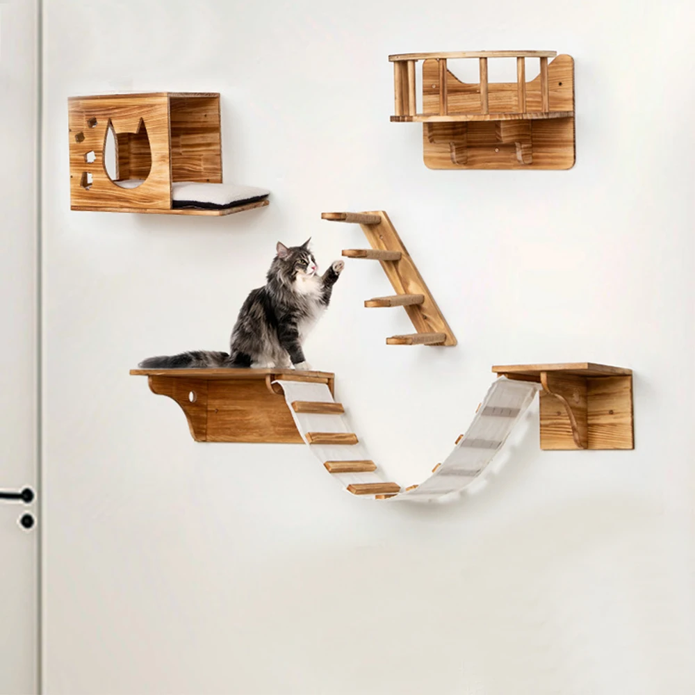 

1 piece Wall Mounted Cat Shelves Wooden Hammock&Ladders&Bridge Climbing Shelf Kitten Climbing Tree Furniture Indoor Cat Hammock