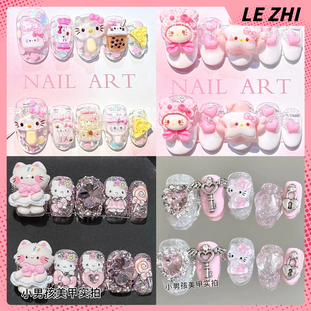 

Y2K Kawaii Sanrio Hello Kitty Handmade Detachable Full Cover Nails 3D Sparkling Diamond Butterfly Bow Pearl Press On Nails