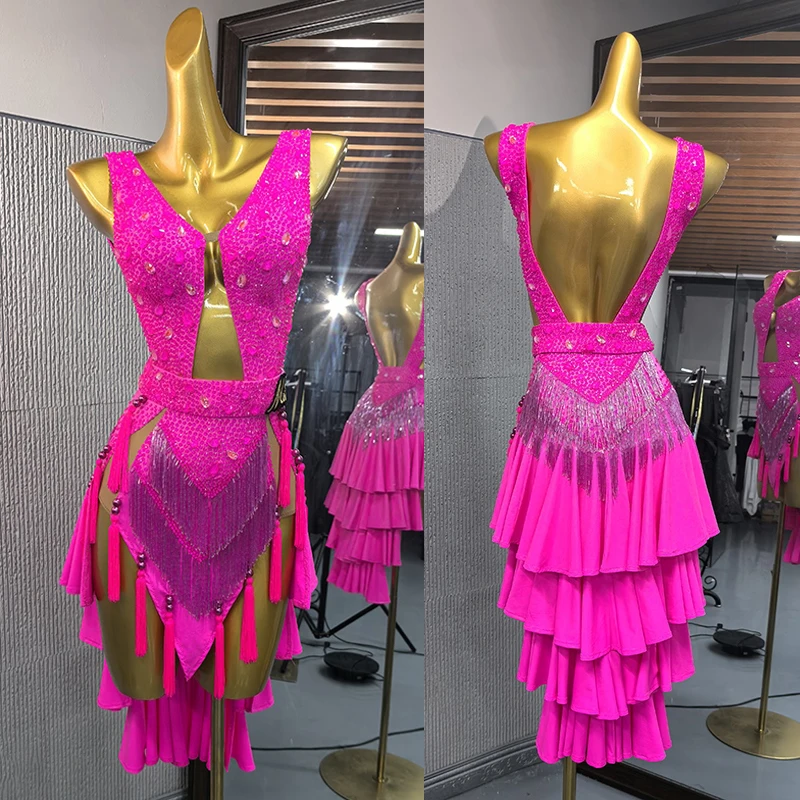 New Neon Pink Latin Dance Competition Dress Rhinestone Fringe Dress Women Stage Performance Costume Prom Dance Clothing DNV22446