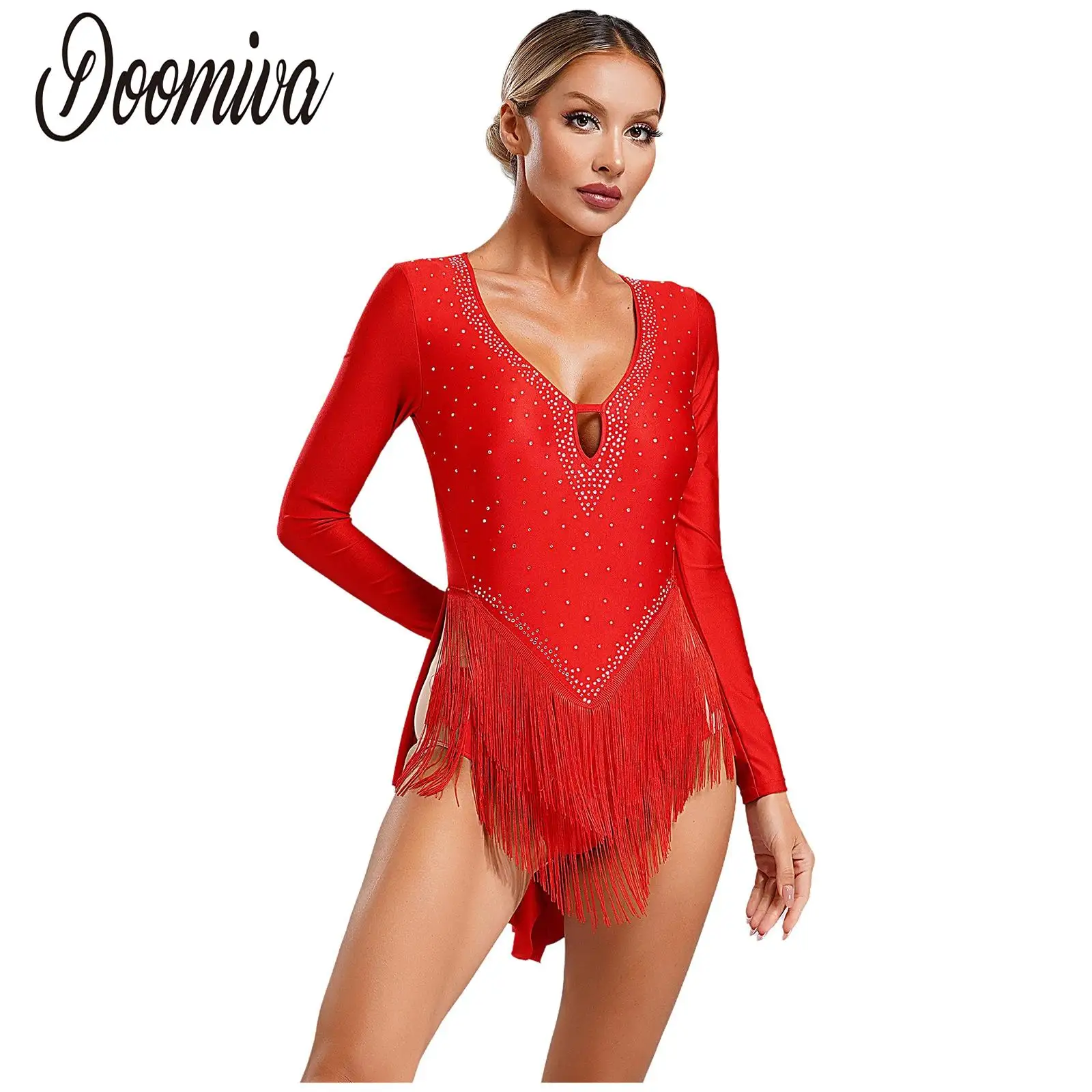 

Women Sexy Latin Dance Dress Tango Samba Rumba Dancing Performance Costume Long Sleeve Fringe Leotard Skating Cha-cha Dresses