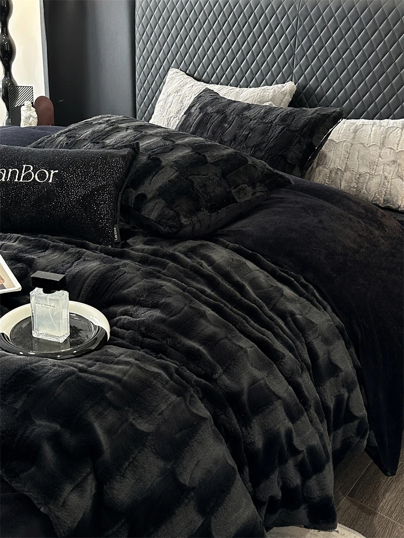 Double Sided Thickened Warm Faux Rabbit Fur Velvet Fleece Bedding Set, Black, Grey, Duvet Cover Set, Bed Sheet, Pillowcases