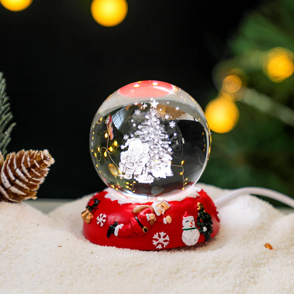 Christmas Santa 3D Crystal Ball Lamp Glowing Glass Ornament Modern Home Decor Tabletop Light For Holiday Gift