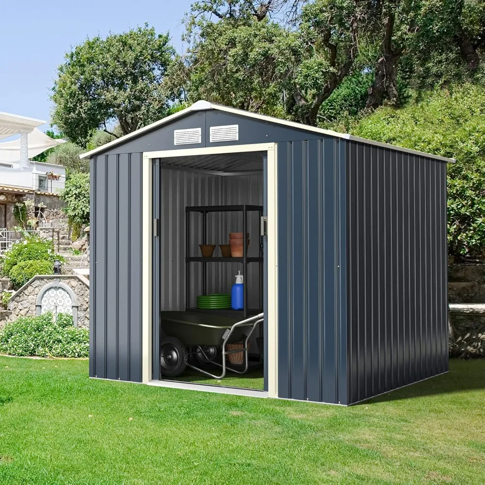 Outdoor Storage Shed, 7' X 6' Metal Garden Shed with 4 Vents & Double Sliding Door, Utility Tool Shed Storage House for Backyard