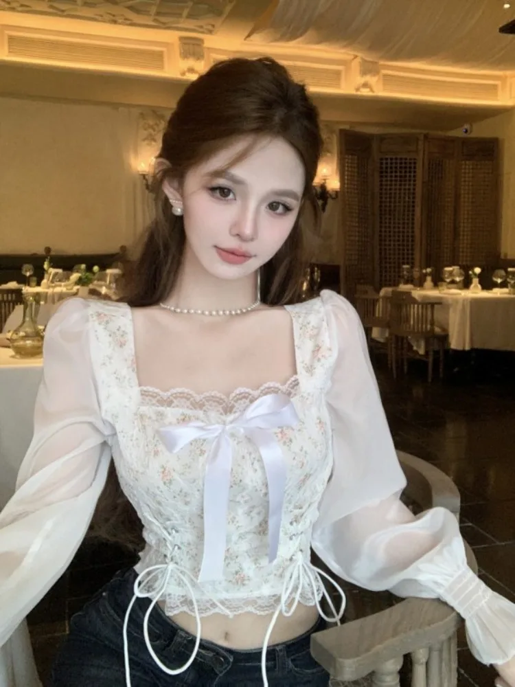 

Sweet Knot Lace Shirt Women's Pure Desire Sexy Pleated Short Floral Beautiful Top Spring Commute Style Korean Fit B...