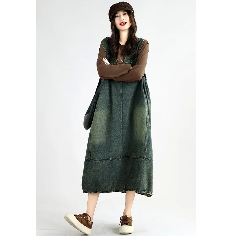 Retro V-Neck Distressed Sleeveless Loose Slimming Midi Denim Dress Women Casual Cotton Loose Fit No Stretch All Seasons