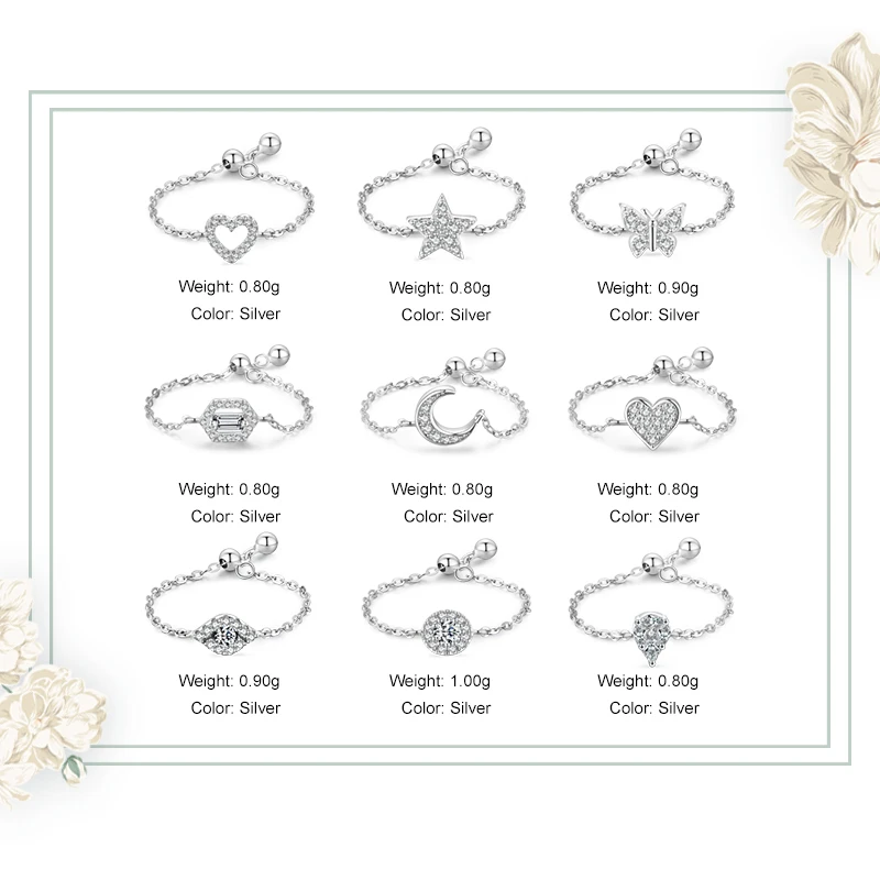 Ailmay 925 Sterling Silver Charm Heart Star Moon Geometric Adjustable Chain Finger Rings For Women Wedding Original Jewelry