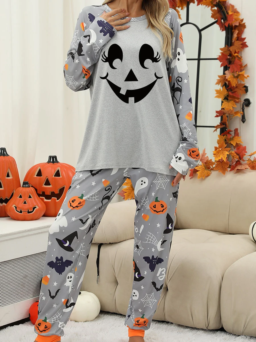 Women\'s Halloween Pajamas Set Ghost Pumpkin Print Long Sleeve Round Neck Tops with Elastic Waist Long Pants Loungewear