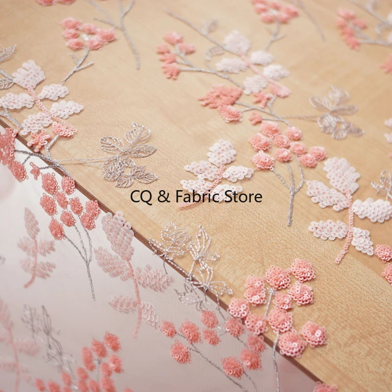 

1Yard/lot 130cm Pink Purple Sequins Embroidery 3D Flowers Mesh Lace Fabric Diy Wedding Dress Designer Handmade Diy Cloth
