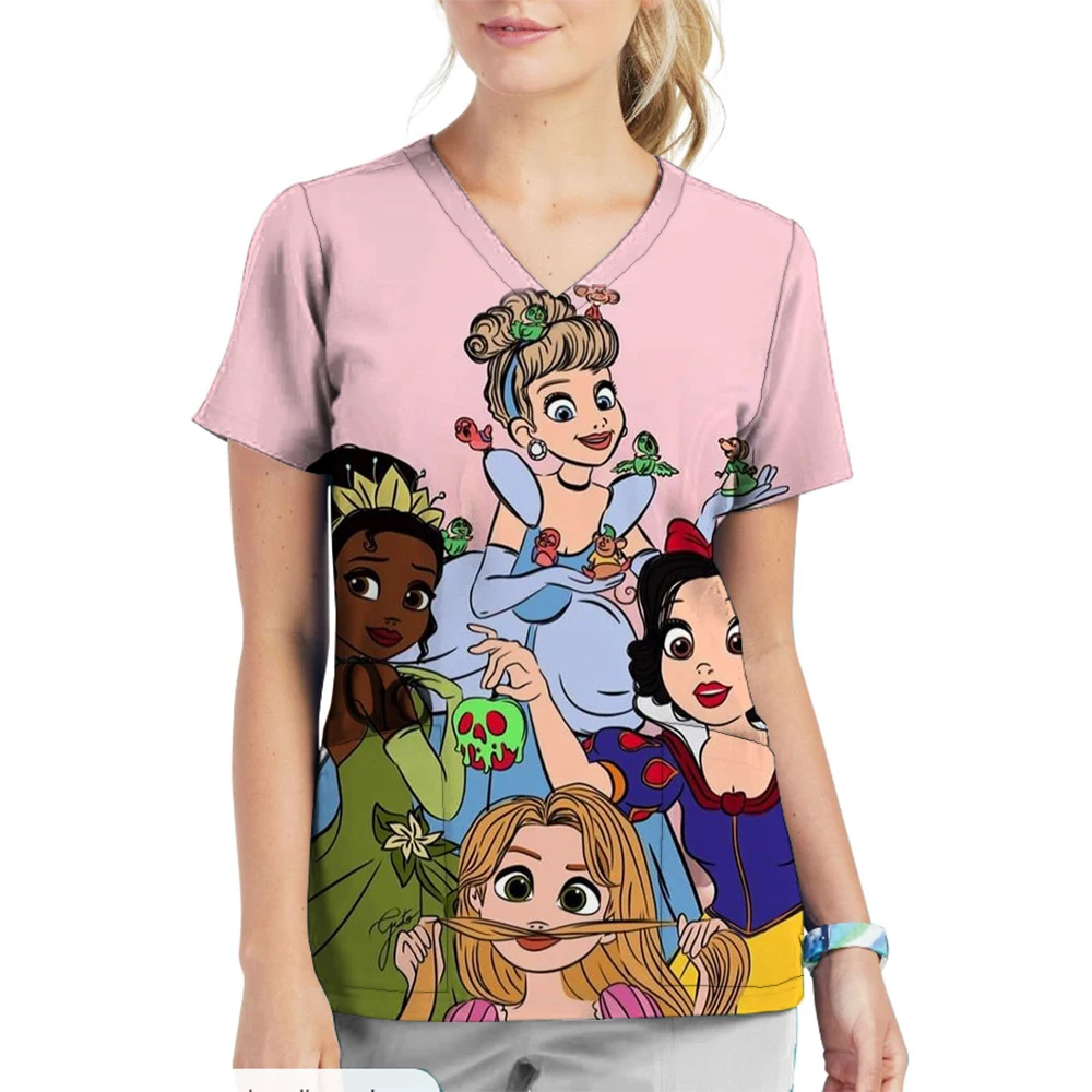 Disney Ariel Elsa Princess Women Short Sleeve V-neck Carer Top Nurse Uniforms Woman Tops Beauty Uniform Cartoon Workwear ﻿