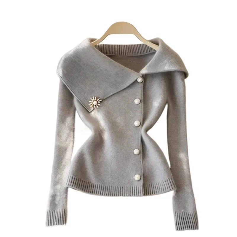 Gray Turn Down Collar Soft Sweater Autumn Winter Knitted Pullover Women Clothing Trend Long Sleeves Tops Slim Coats Chic New