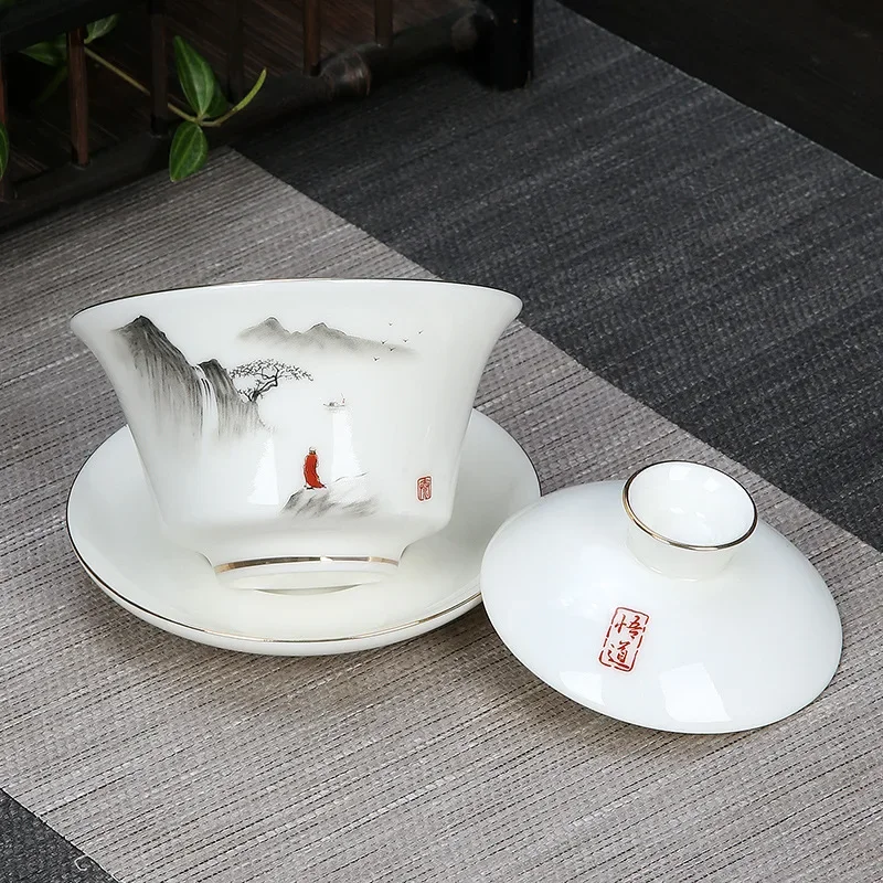 White Jade Porcelain Tea Bowl, Tea Cup and Saucer, Gaiwan, High-End Chinese Household Tea Set, Ceramic Puer Teacups, Tureen