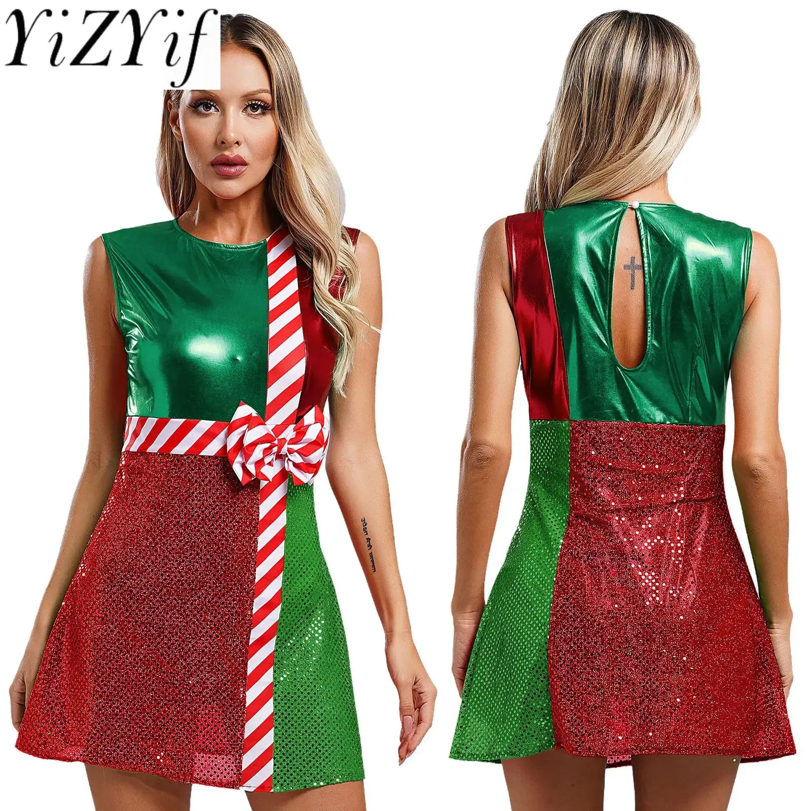 

Womens Christmas Mrs Santa Dress with Safe Briefs Adult Sleeveless Sequins Dress Suit Rave Party Dance Performance Costume