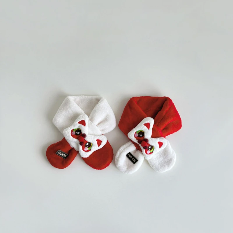 Sciarpa ricamata con leone del risveglio in stile cinese, peluche di cartone animato, addensata per il calore, squisito scaldacollo di Capodanno per neonati