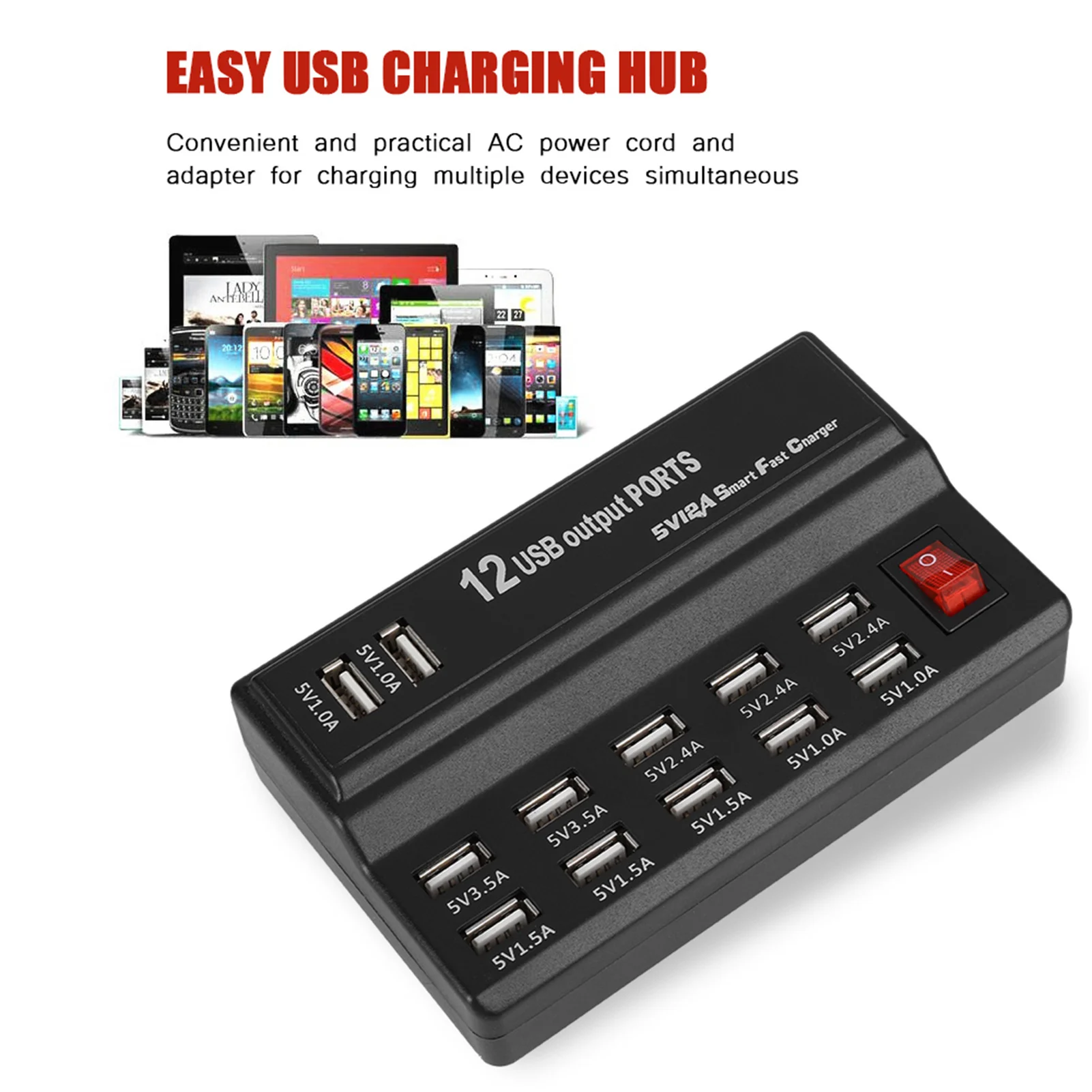 12 Port  12 Ports USB Hub 5V 12A Power Adapter Charging Station Adapter  Home Travel 12 Ports USB Charging Station